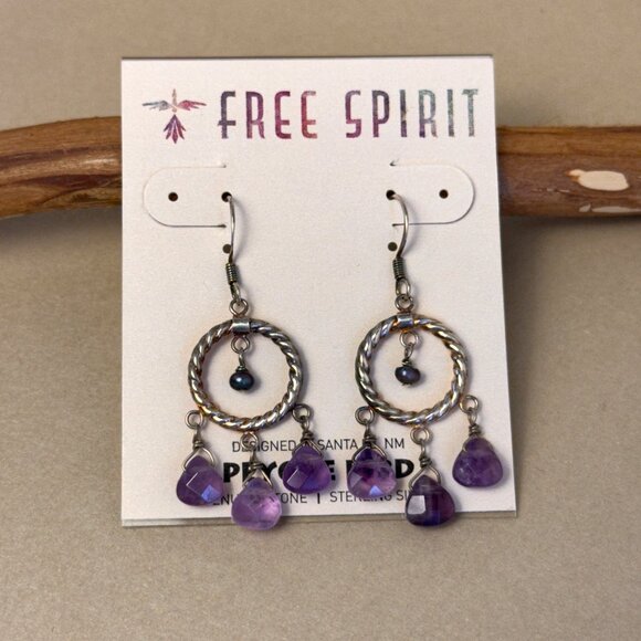 Peyote Bird Boho Gypsy Hoop Earrings Amethyst & Pearl Drops Sterling Silver NWT - Picture 2 of 12